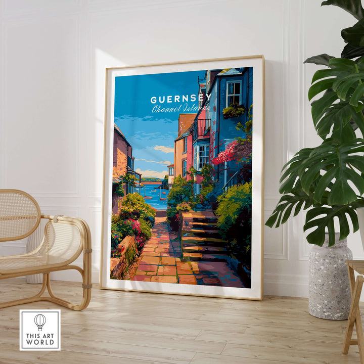 Guernsey St Peter Port Steps Print | British Seaside Wall Decor displayed in a stylish living room setting.