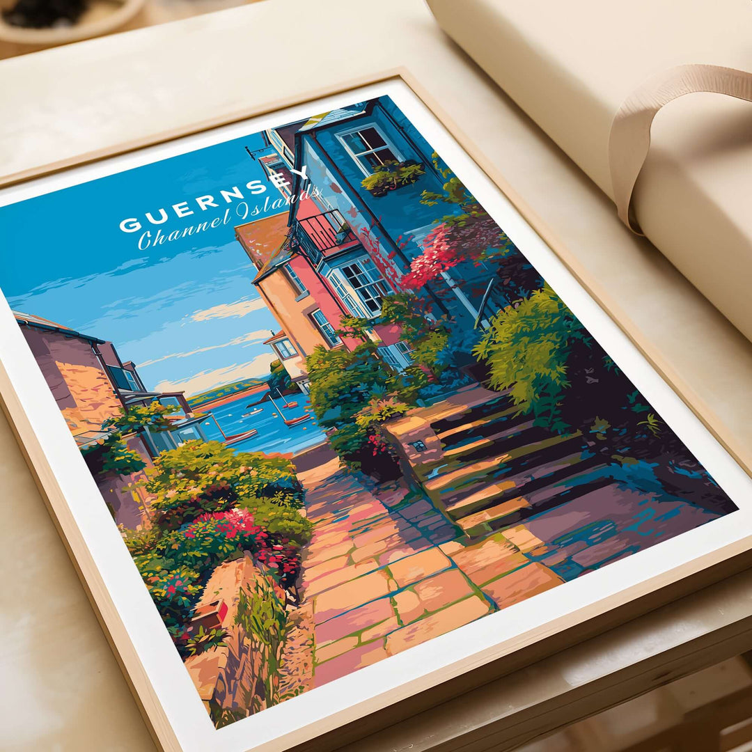 Guernsey St Peter Port Steps Print | British Seaside Wall Decor showcasing charming coastal steps and colorful buildings.