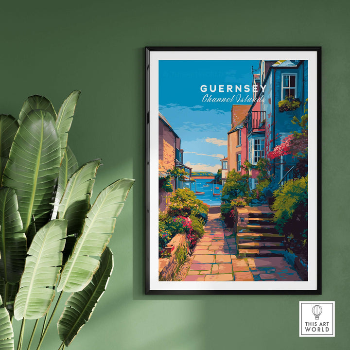Guernsey St Peter Port Steps Print | British Seaside Wall Decor featuring a colorful coastal scene with vibrant flowers.