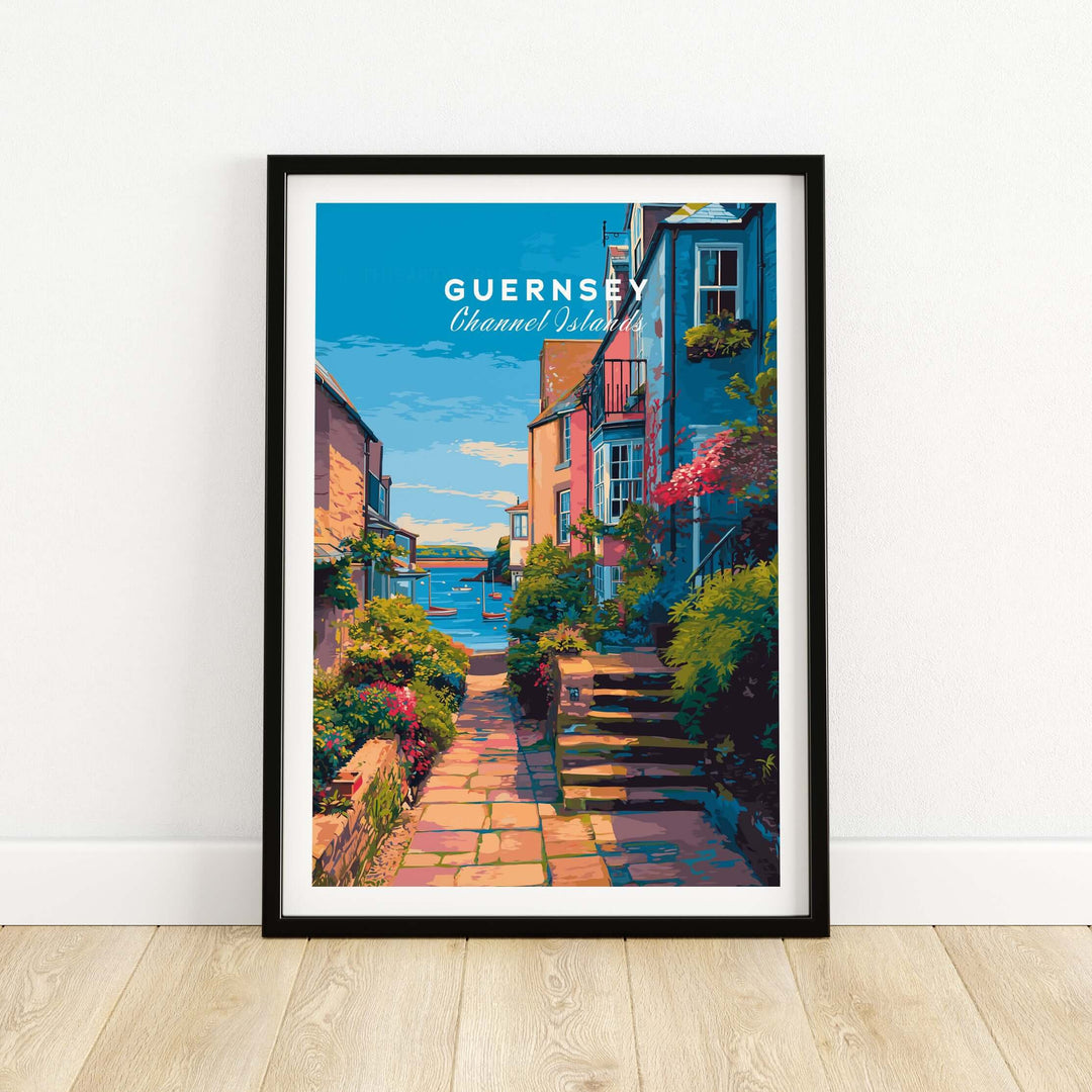 Guernsey St Peter Port Steps Print | British Seaside Wall Decor showcasing a vibrant coastal scene in a framed print.