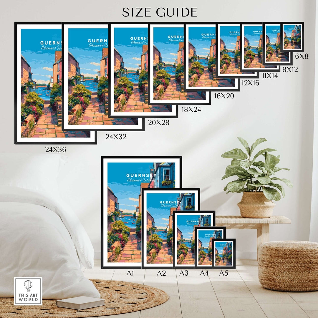 Guernsey St Peter Port Steps Print | British Seaside Wall Decor size guide showing various frame sizes