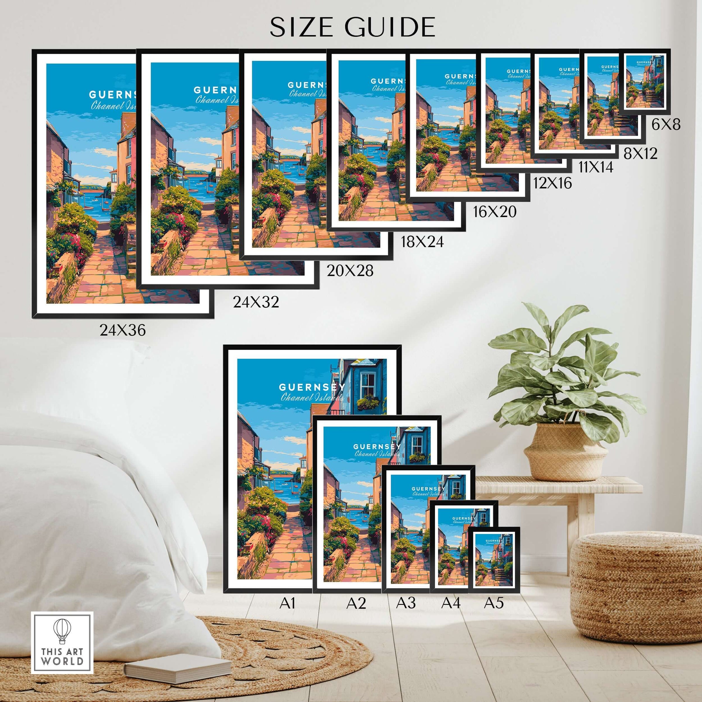 Guernsey St Peter Port Steps Print | British Seaside Wall Decor size guide with various frame sizes for prints.