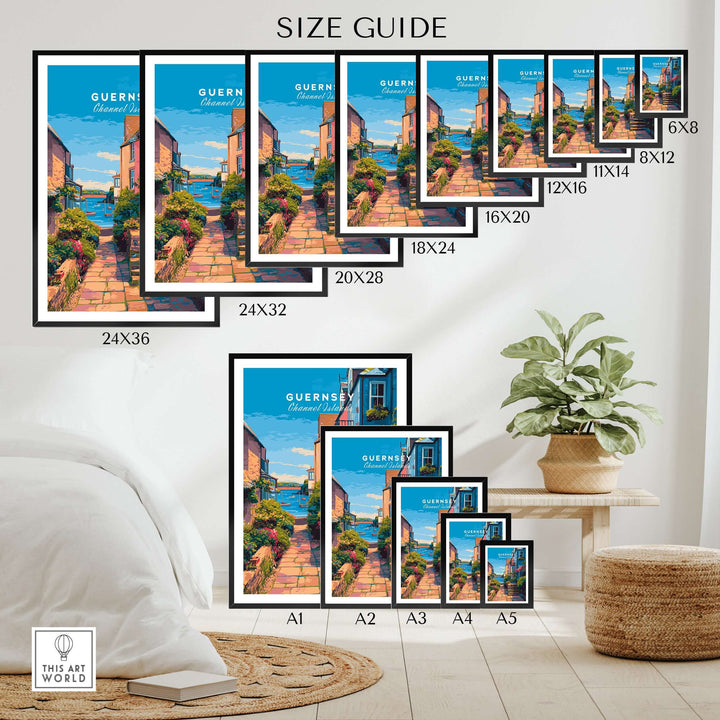 Guernsey St Peter Port Steps Print | British Seaside Wall Decor size guide showing various frame sizes