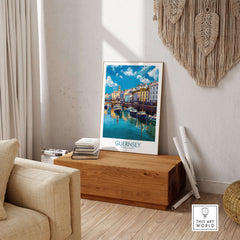 Guernsey St Peter Port Townscape Art Print | Historic Harbour Poster displayed in a cozy living room setting.