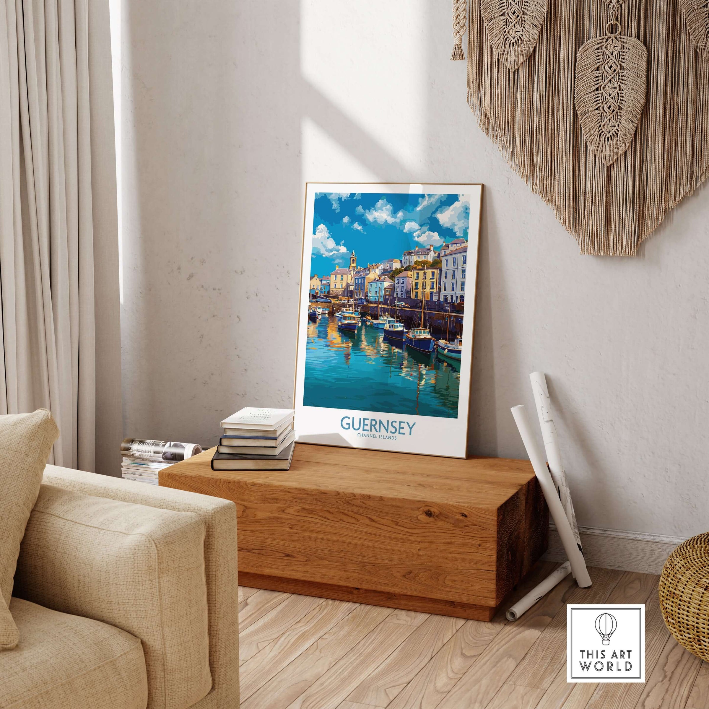 Guernsey St Peter Port Townscape Art Print | Historic Harbour Poster displayed in a cozy living room setting.