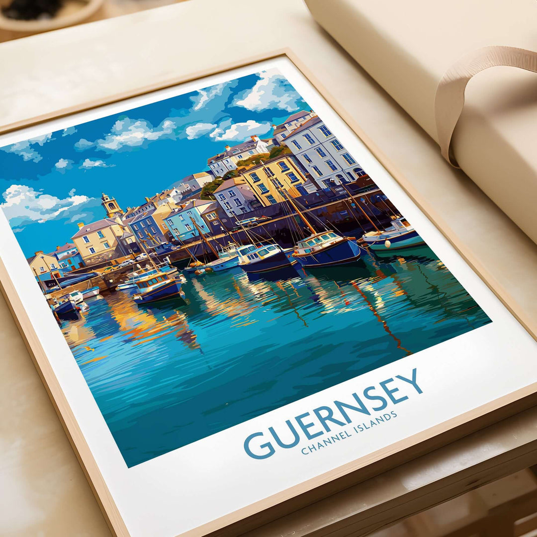 Guernsey St Peter Port Townscape Art Print | Historic Harbour Poster featuring colorful boats and historic buildings.