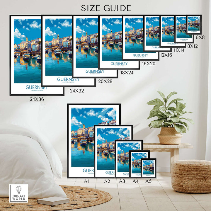 Size guide for Guernsey St Peter Port Townscape Art Print | Historic Harbour Poster in various dimensions.