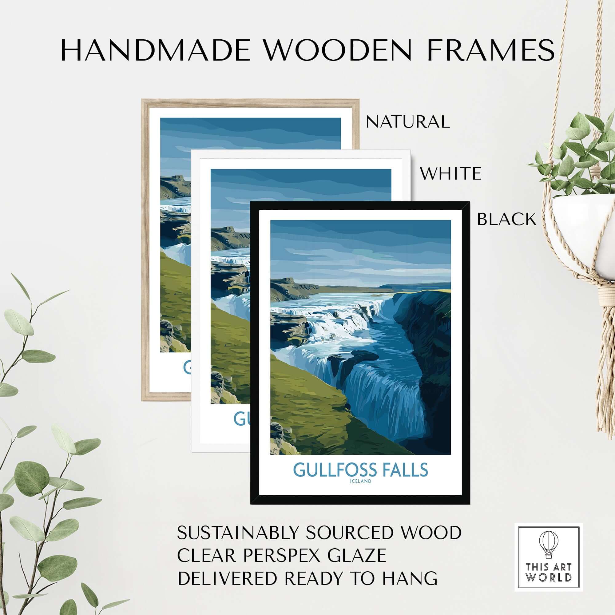 Gullfoss Falls Iceland Art Print | Majestic Waterfall Poster displayed in handmade wooden frames in natural, white, and black.