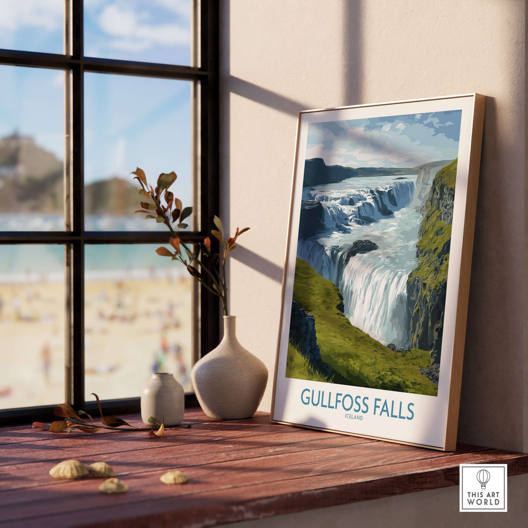 Gullfoss Falls Iceland Print featuring a stunning landscape of Iceland’s iconic waterfall in a stylish home setting.