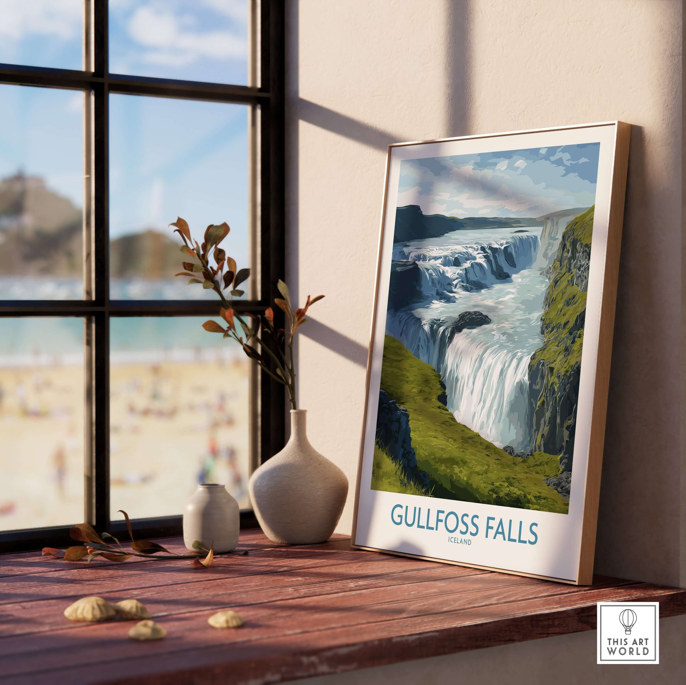 Gullfoss Falls Iceland Print displayed in a cozy interior setting with beautiful waterfall artwork.
