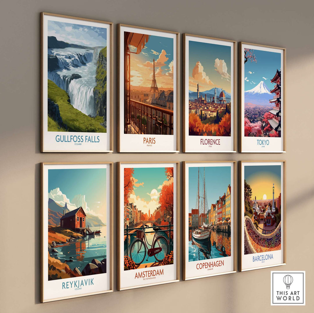 Gullfoss Falls Iceland Print among other iconic city prints, showcasing stunning landscapes and landmarks.