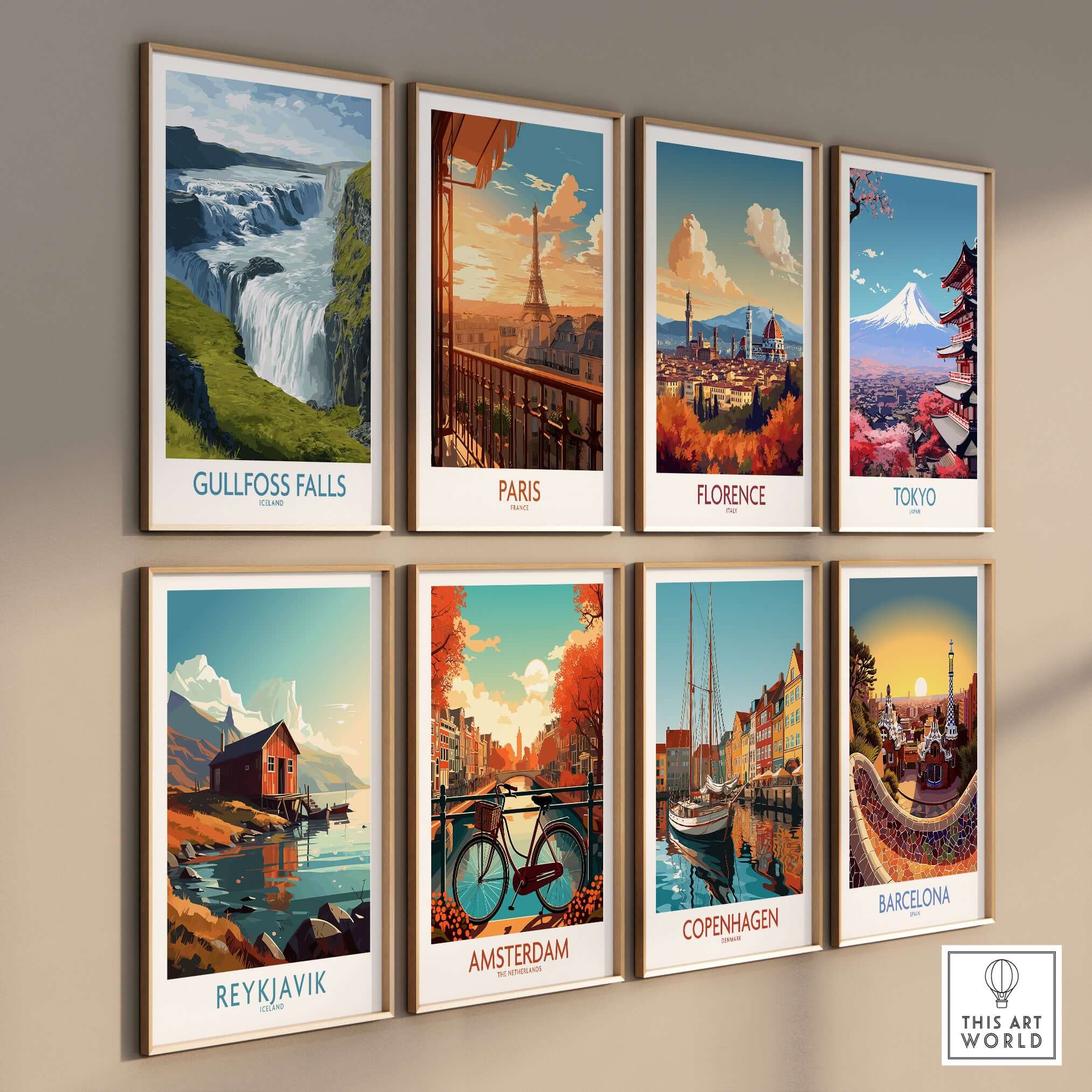 Gullfoss Falls Iceland Print displayed among other city art prints, showcasing the beauty of iconic destinations.