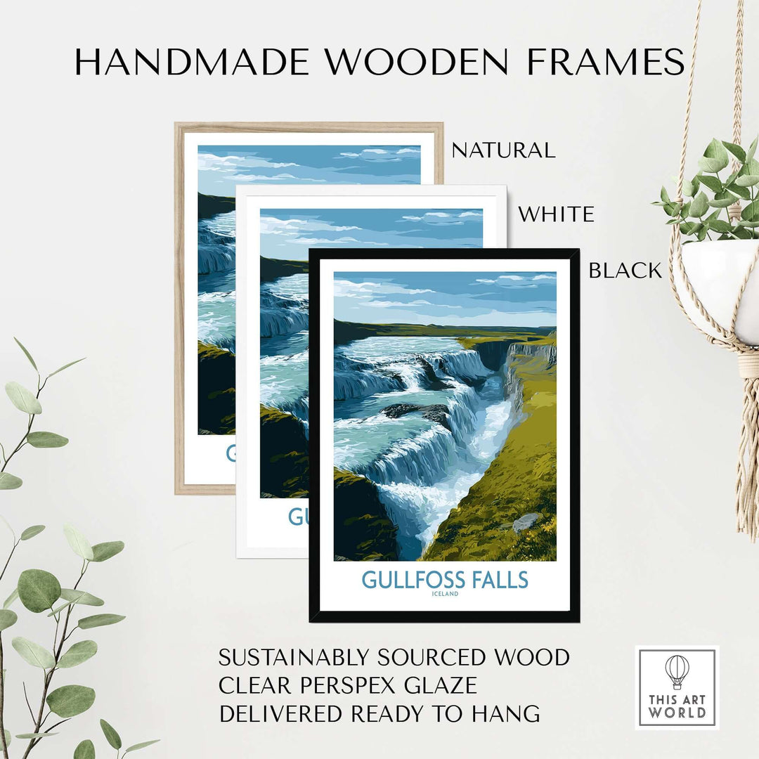 Gullfoss Falls Poster Iceland Print | Waterfall Poster displayed in handmade wooden frames of natural, white, and black.