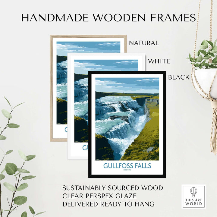 Gullfoss Falls Poster Iceland Print | Waterfall Poster displayed in handmade wooden frames of natural, white, and black.