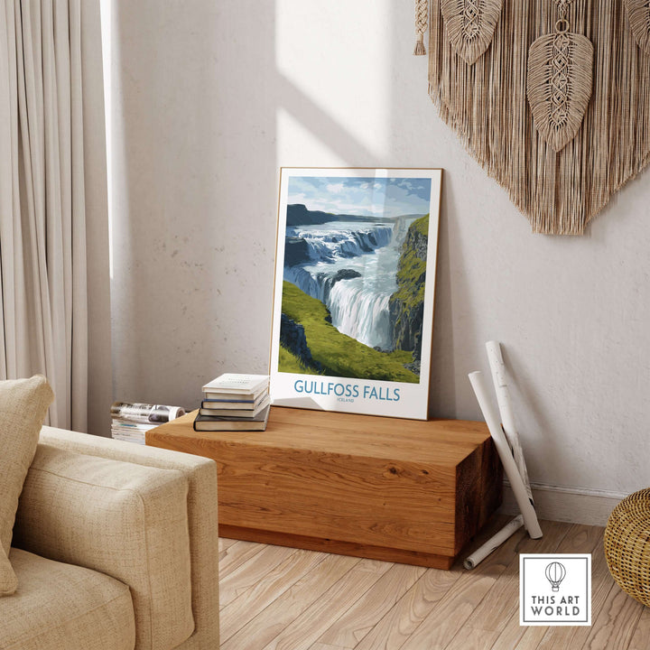 Gullfoss Falls Iceland Print displayed in a stylish living room setting with natural decor.