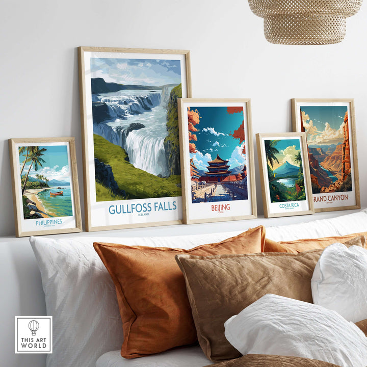 Gullfoss Falls Iceland Print displayed among other framed art prints in a stylish living room setting.