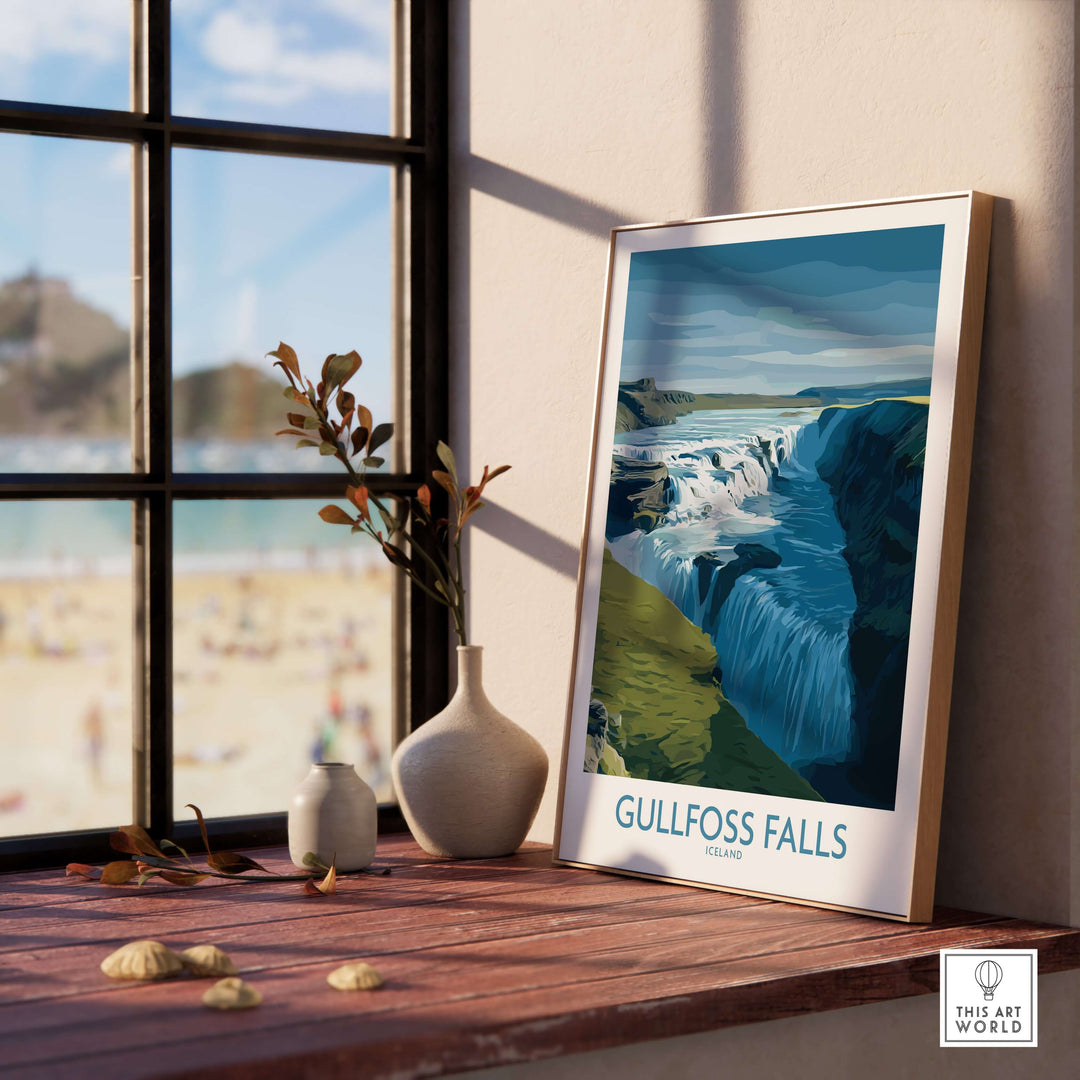 Gullfoss Falls Iceland Art Print | Majestic Waterfall Poster displayed in a home setting by a window.