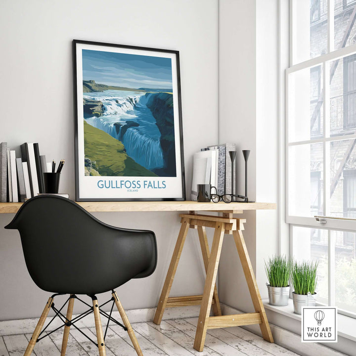Gullfoss Falls Iceland Art Print | Majestic Waterfall Poster displayed in a stylish workspace with modern decor.