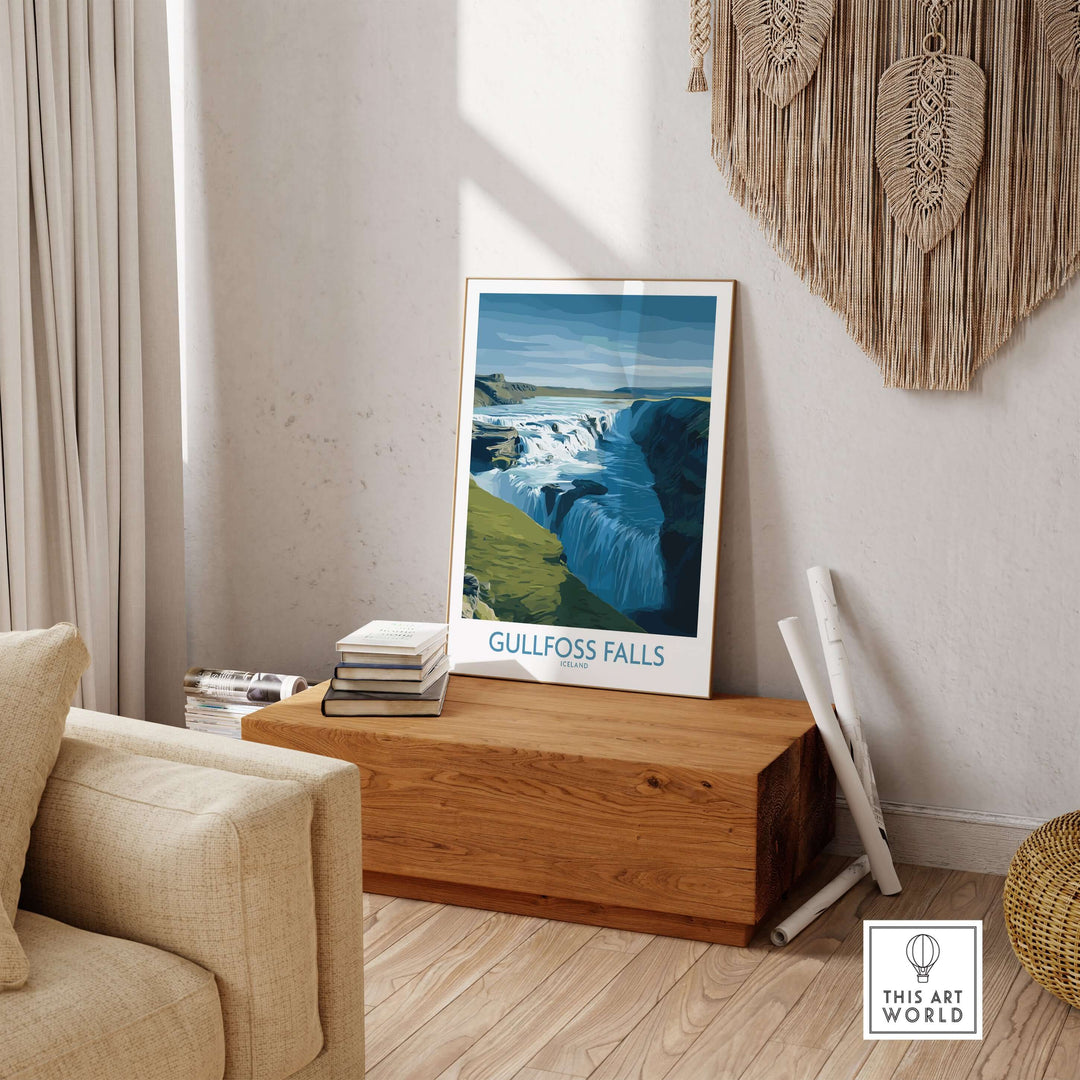 Gullfoss Falls Iceland Art Print | Majestic Waterfall Poster displayed in a stylish home interior setting.