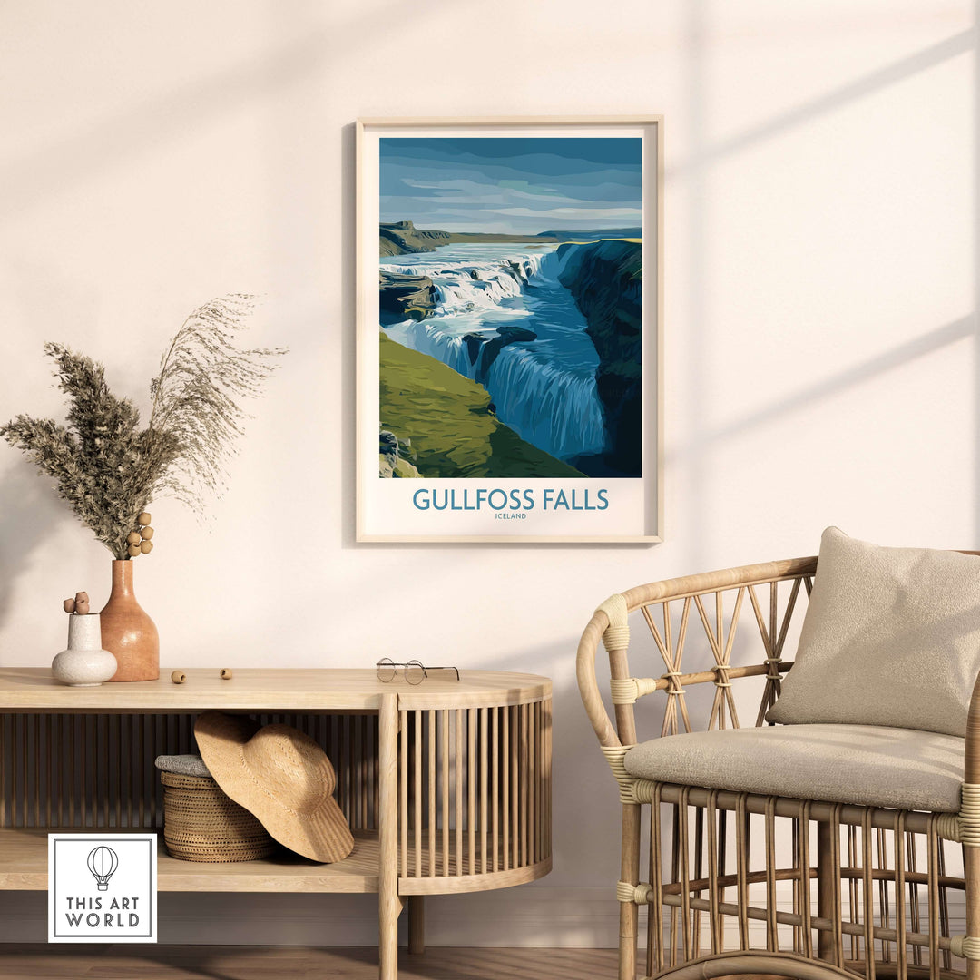 Gullfoss Falls Iceland Art Print | Majestic Waterfall Poster displayed in a cozy living room setting.