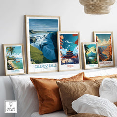 Gullfoss Falls Iceland Art Print | Majestic Waterfall Poster displayed among travel-themed art prints on a stylish wall.