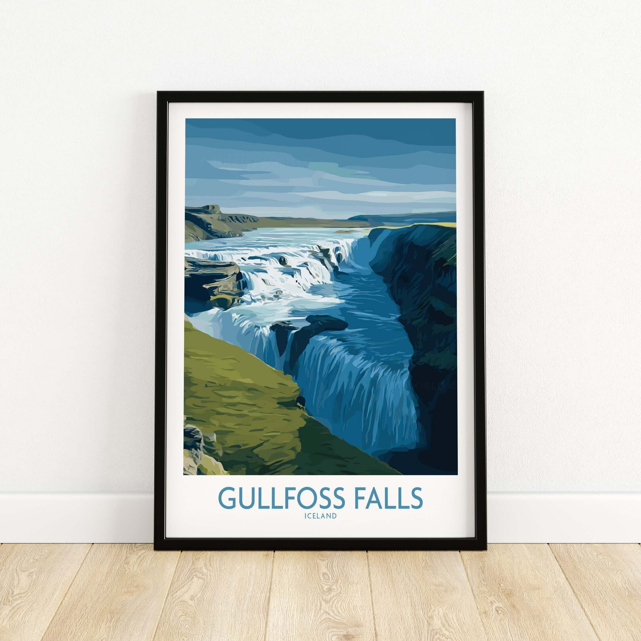 Gullfoss Falls Iceland Art Print | Majestic Waterfall Poster featuring a vibrant illustration of the famous waterfall.