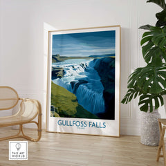 Gullfoss Falls Iceland Art Print | Majestic Waterfall Poster displayed in a modern living room setting.