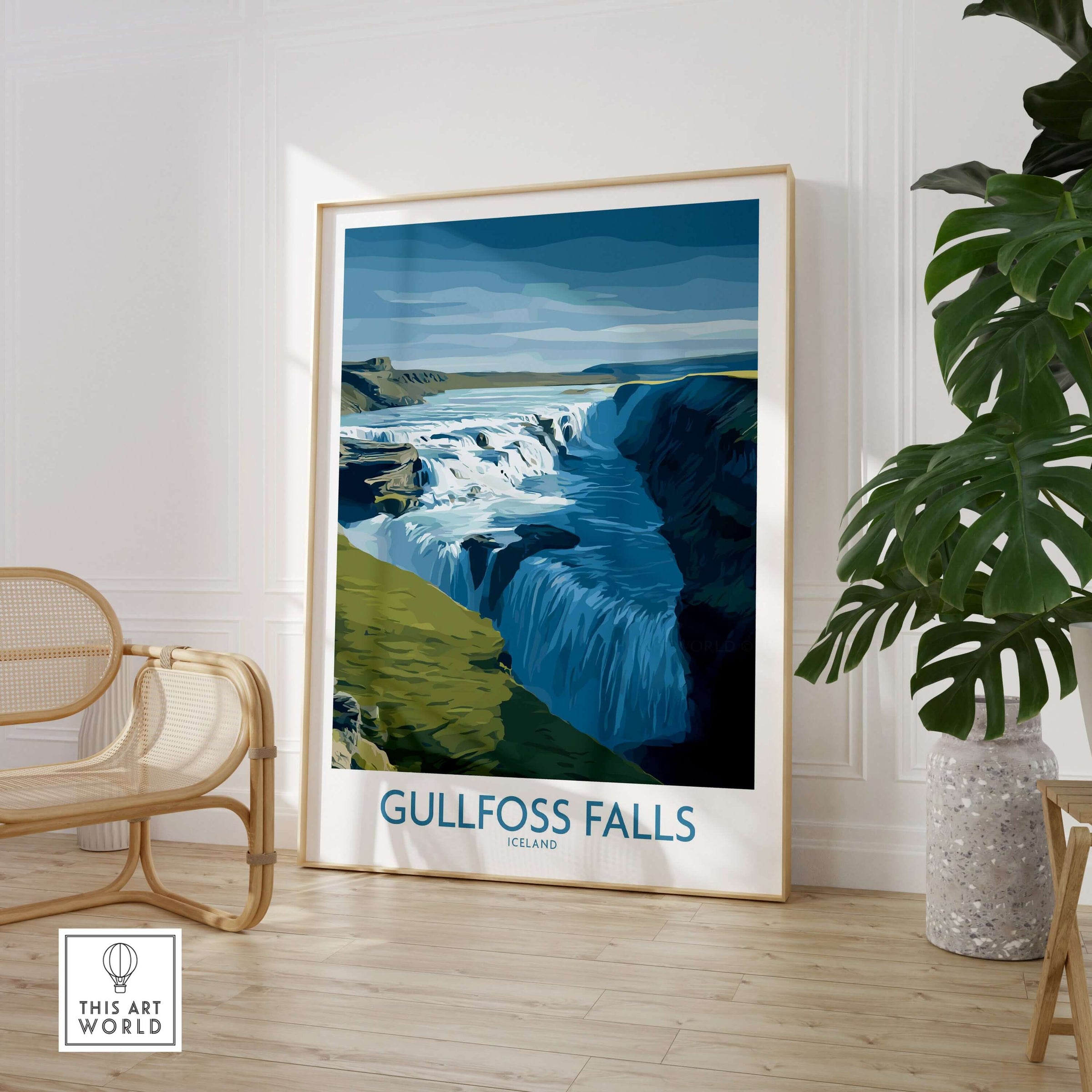 Gullfoss Falls Iceland Art Print | Majestic Waterfall Poster displayed in a modern living room setting.