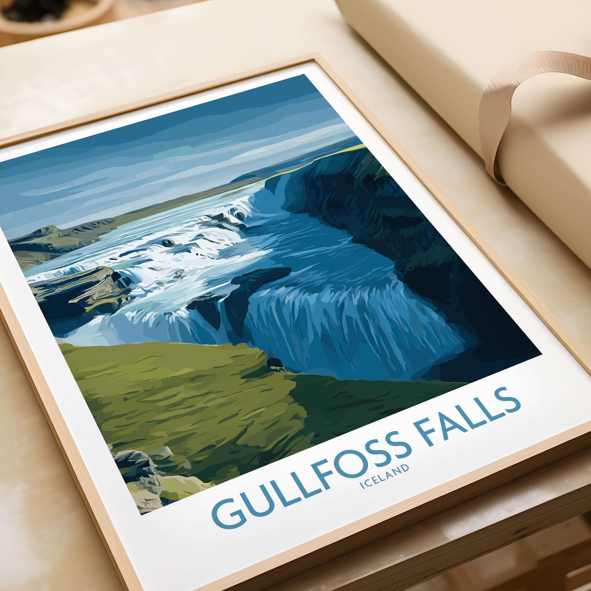 Gullfoss Falls Iceland Art Print | Majestic Waterfall Poster showcasing the iconic waterfall in a beautiful framed design.