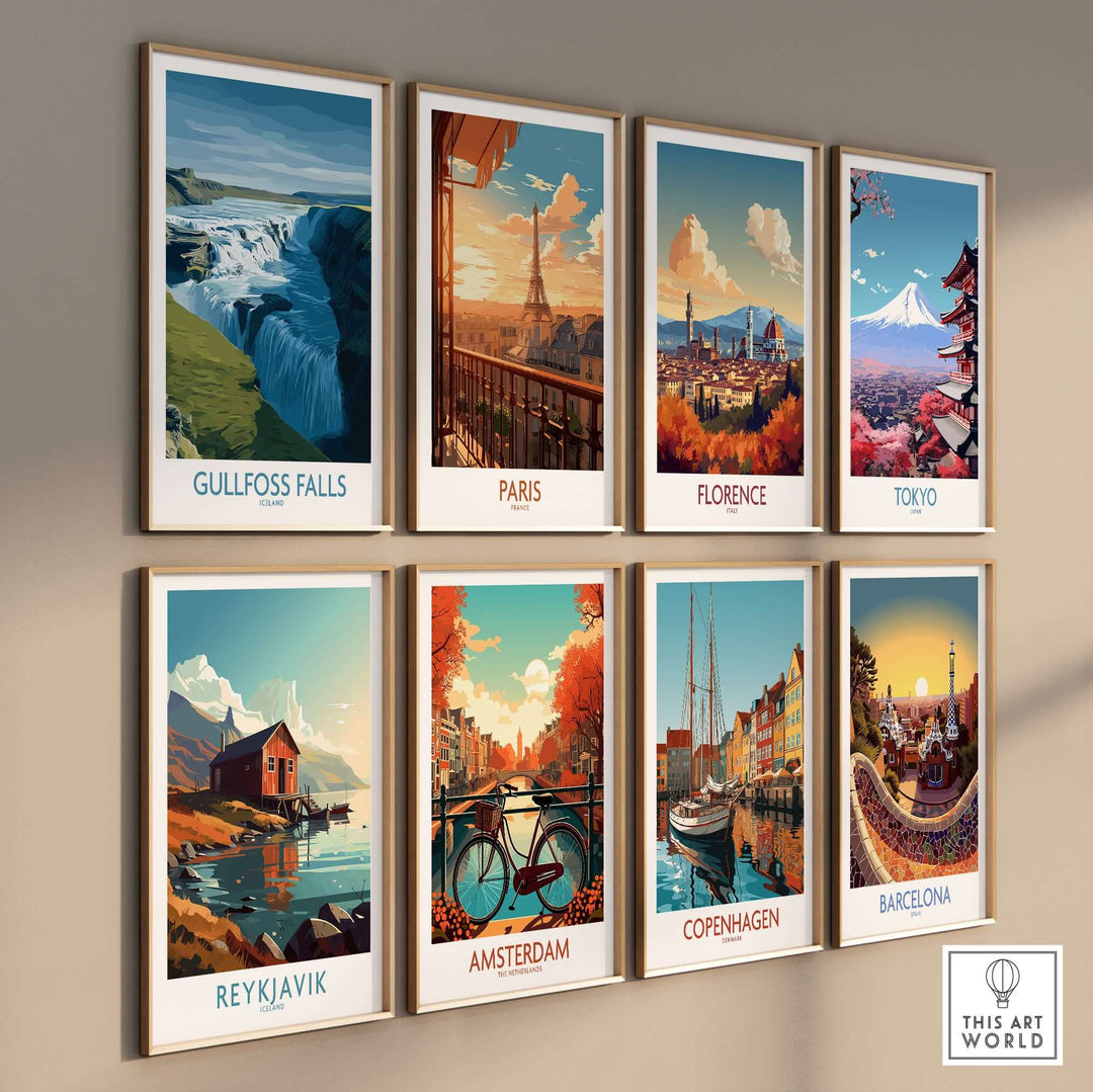 Gullfoss Falls Iceland Art Print | Majestic Waterfall Poster displayed among other city art prints.