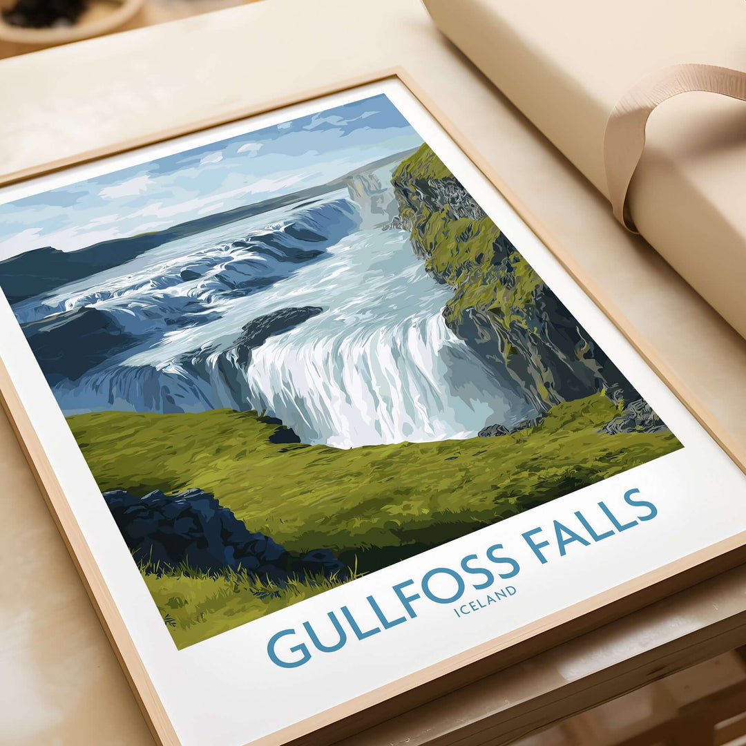 Gullfoss Falls Iceland Print showcasing the iconic waterfall and stunning landscape in vibrant colors.