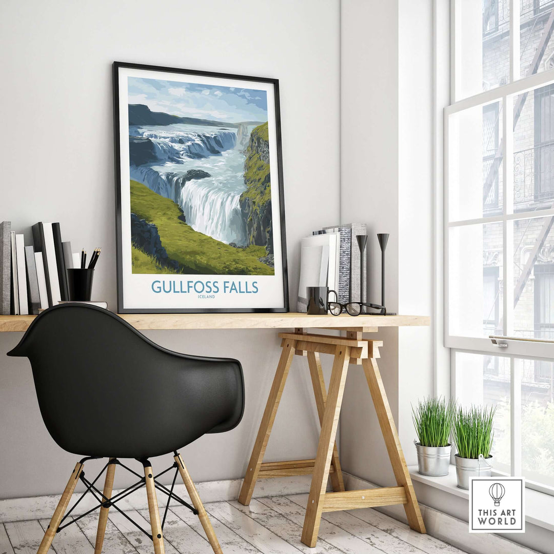Gullfoss Falls Iceland Print displayed in a modern workspace, showcasing the iconic waterfall's beauty.