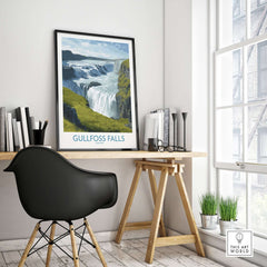 Gullfoss Falls Iceland Print displayed in a modern home office, showcasing the stunning waterfall and vibrant landscape.