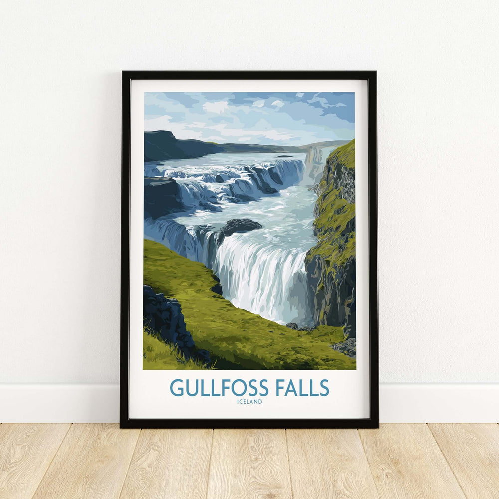 Gullfoss Falls Iceland Print showcasing the majestic waterfall and rugged landscape of Iceland.