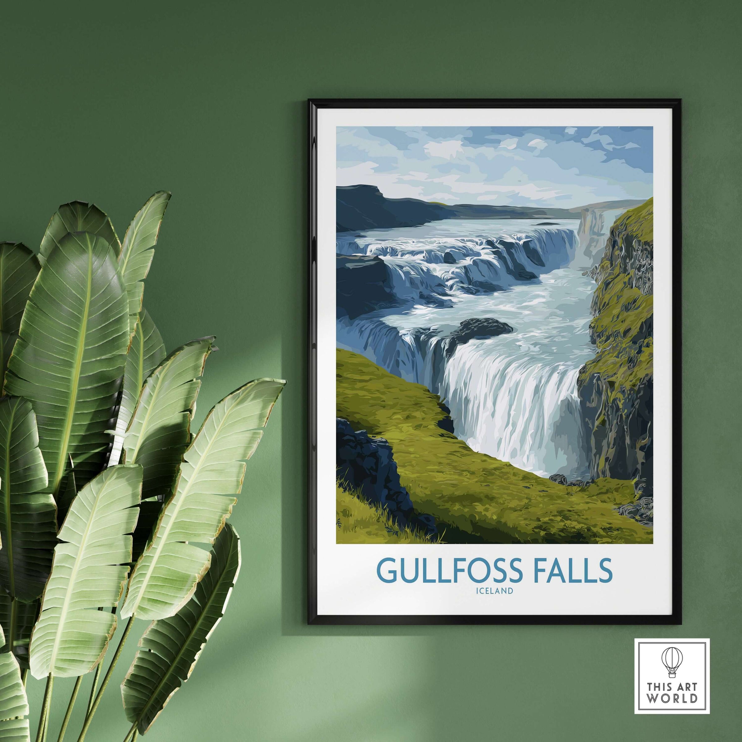 Gullfoss Falls Iceland Print featuring a vivid landscape of waterfalls and greenery, perfect for nature lovers.