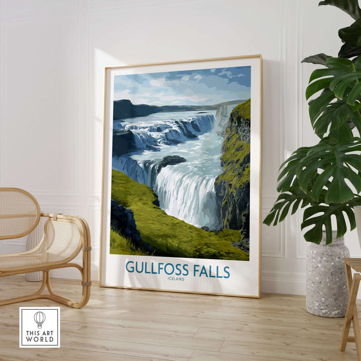 Gullfoss Falls Iceland Print showcasing majestic waterfall and lush landscape in a modern interior setting.