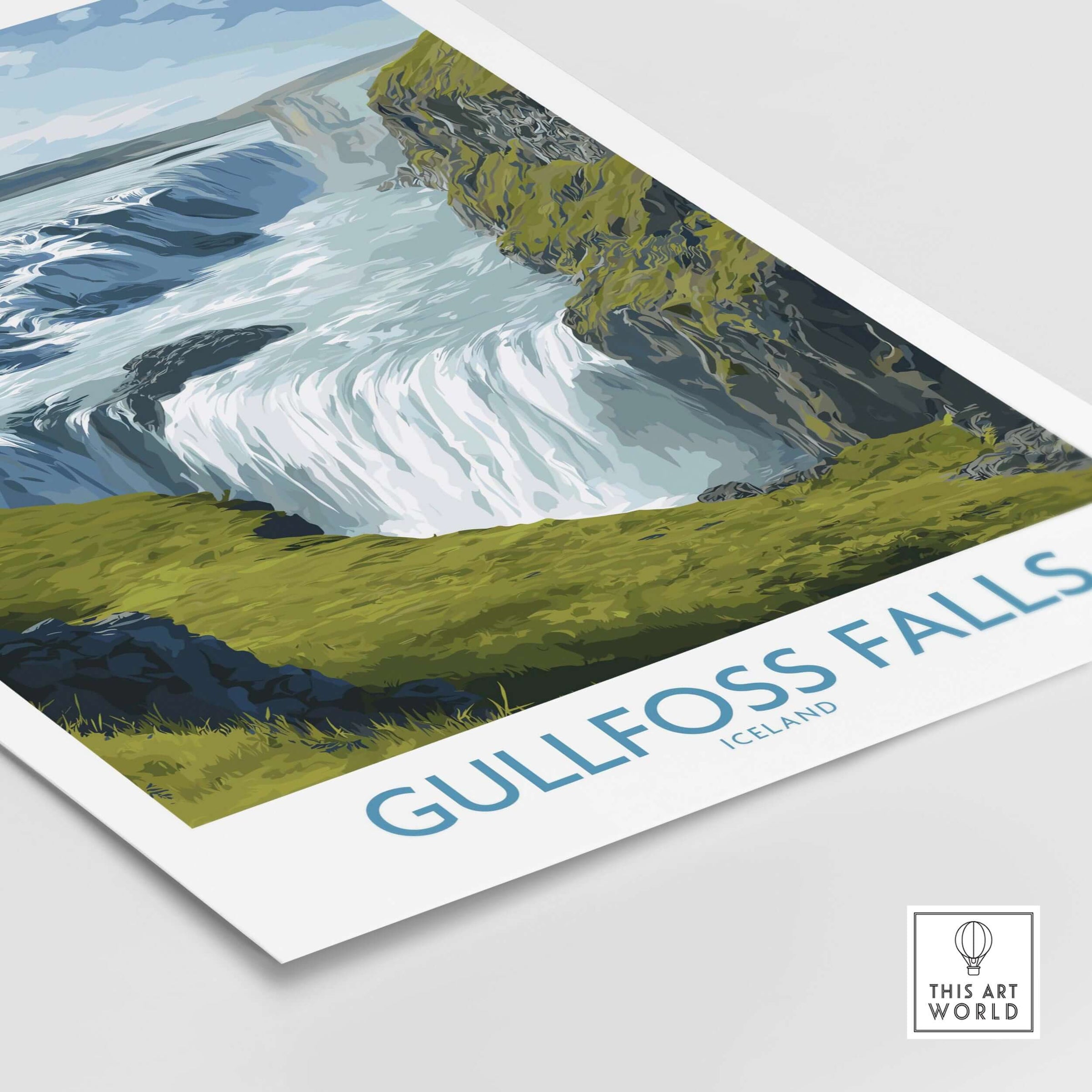 Gullfoss Falls Iceland Print showcasing the stunning waterfall with vibrant green landscape and blue skies.