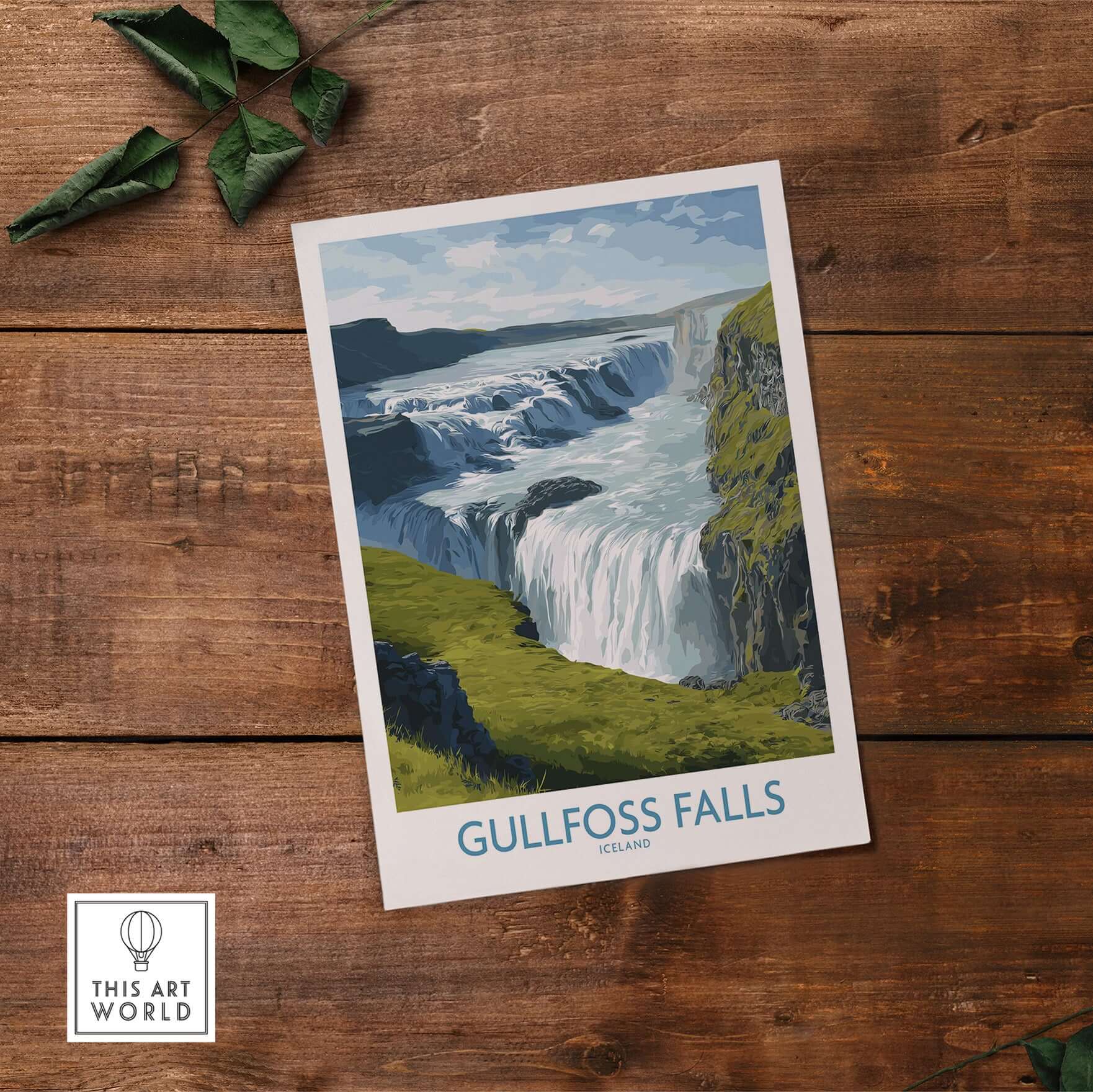 Gullfoss Falls Iceland Print featuring a stunning depiction of the waterfall and surrounding landscape.