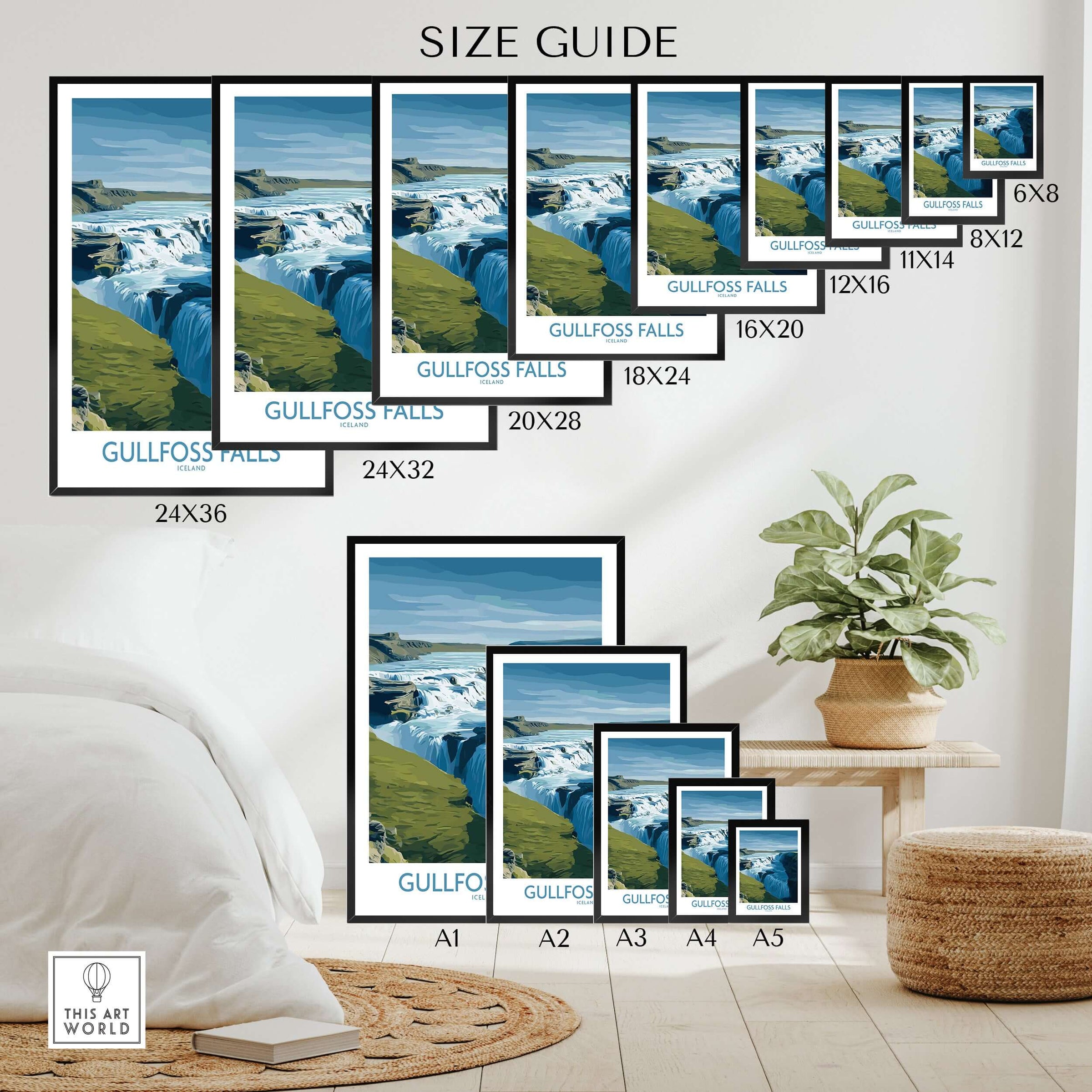Gullfoss Falls Iceland Art Print | Majestic Waterfall Poster size guide showing different frame sizes.