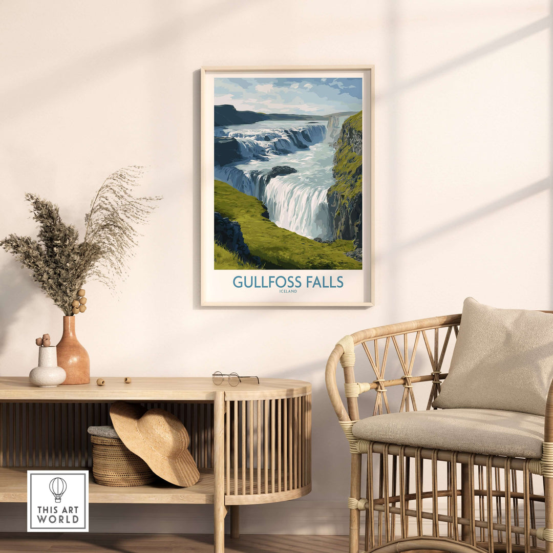 Gullfoss Falls Iceland Print displayed in a chic home setting, highlighting the stunning waterfall art.
