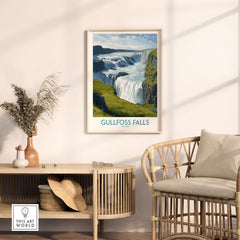 Gullfoss Falls Iceland Print showcasing the majestic waterfall in a stylish living room setting.