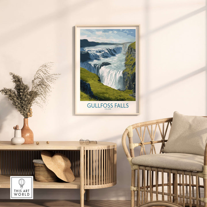 Gullfoss Falls Iceland Print displayed in a chic home setting, highlighting the stunning waterfall art.