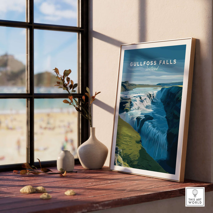 Gullfoss Falls Iceland Print | Icelandic Nature Wall Art displayed in a bright room with a scenic view.