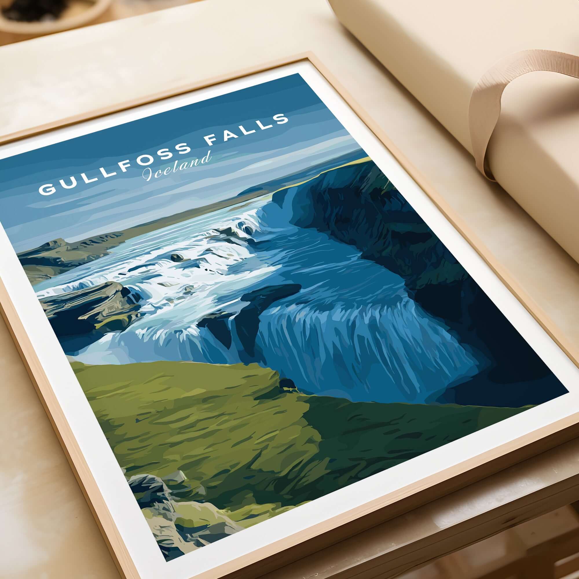 Gullfoss Falls Iceland Print | Icelandic Nature Wall Art showcasing Iceland's majestic waterfall in elegant framing.