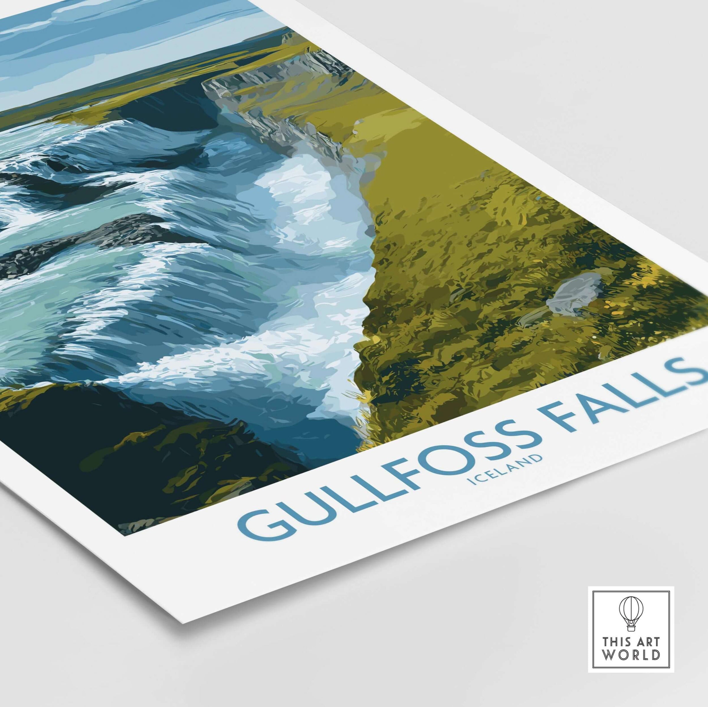 Gullfoss Falls Poster Iceland Print | Waterfall Poster featuring lush landscapes and flowing water.