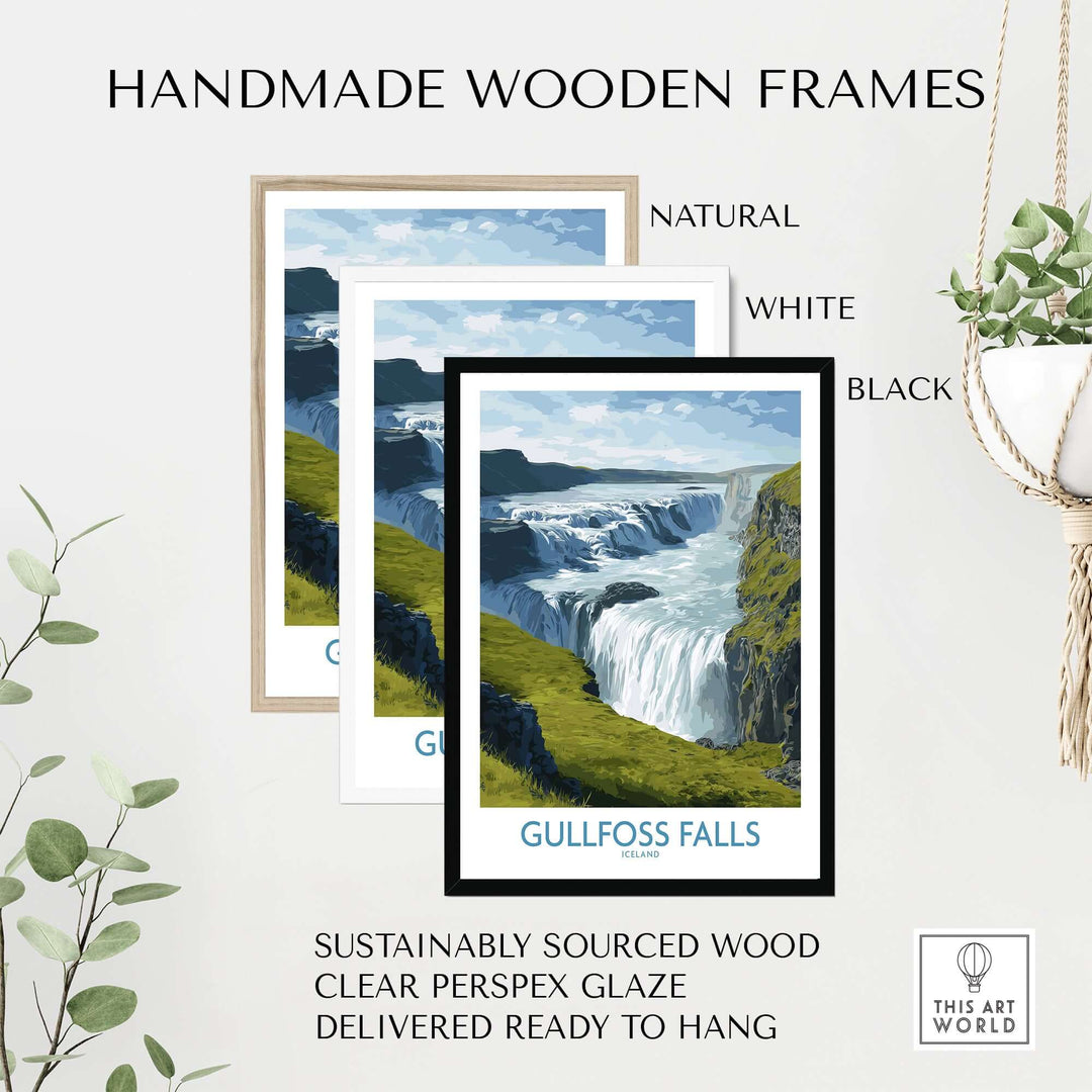 Gullfoss Falls Iceland Print framed in natural, white, and black handmade wooden frames, ready to hang.