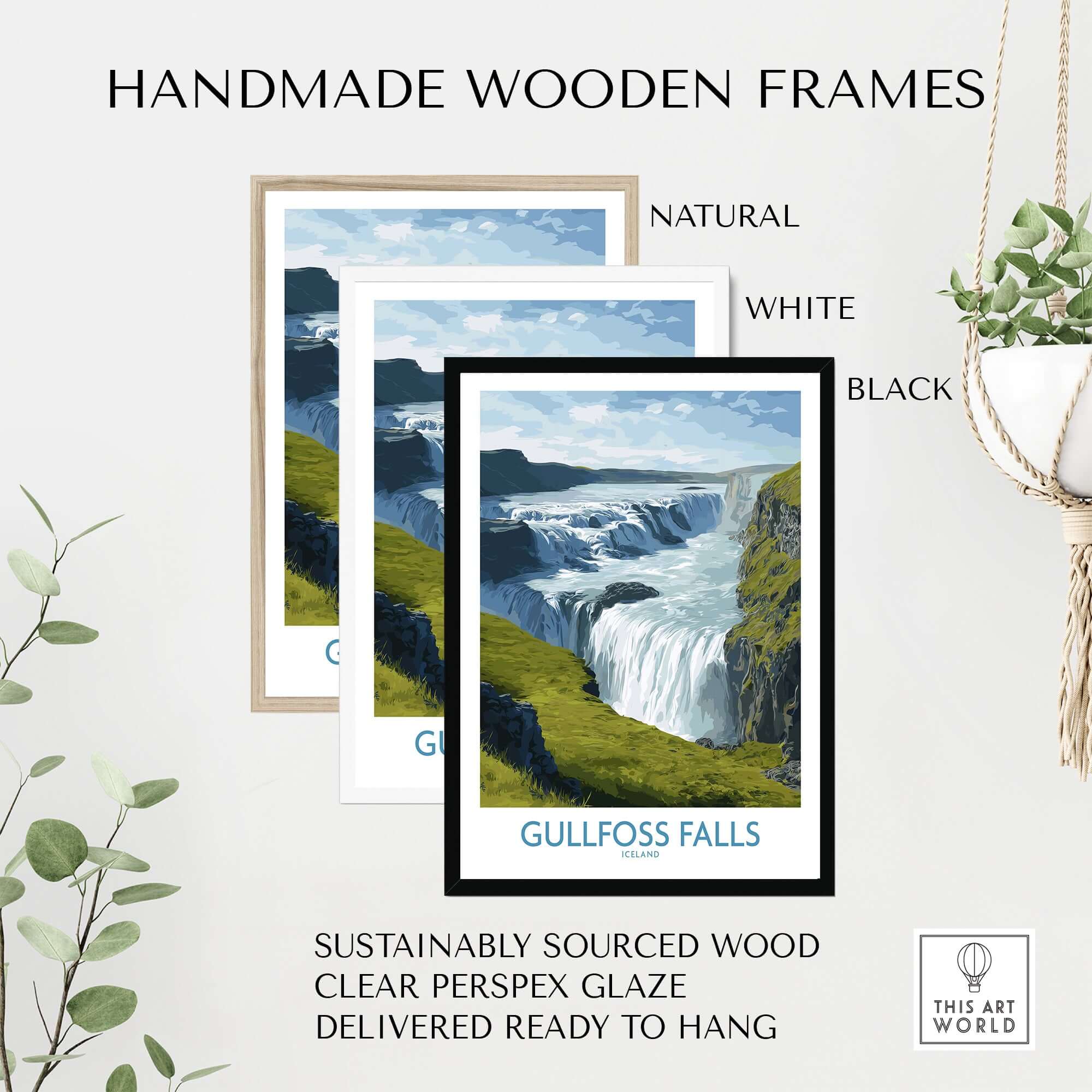Handmade wooden frames for Gullfoss Falls Iceland Print in natural, white, and black, ready to hang.