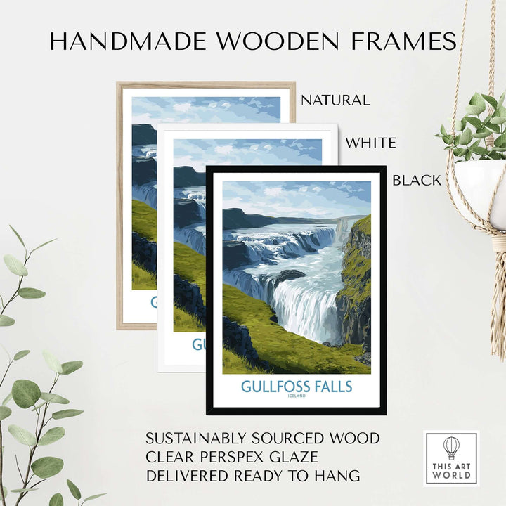 Gullfoss Falls Iceland Print framed in natural, white, and black handmade wooden frames, ready to hang.