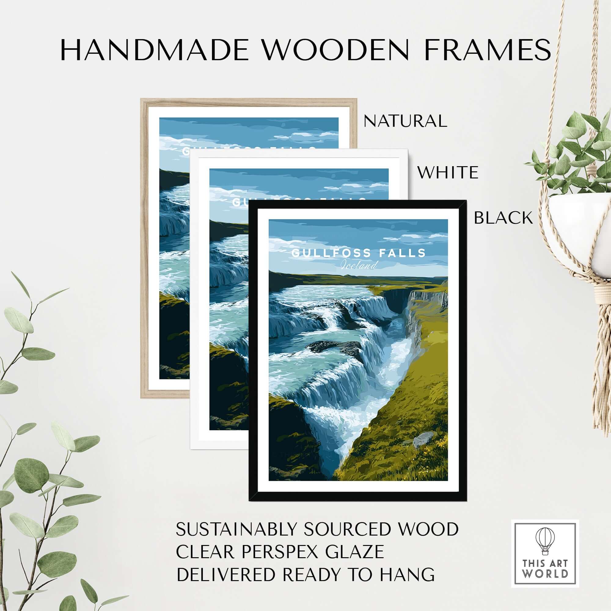 Gullfoss Falls Iceland Print | Icelandic Landscape Decor displayed in handmade wooden frames in natural, white, and black.