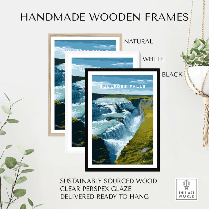 Gullfoss Falls Iceland Print | Icelandic Landscape Decor in handmade wooden frames, showcasing natural, white, and black options.